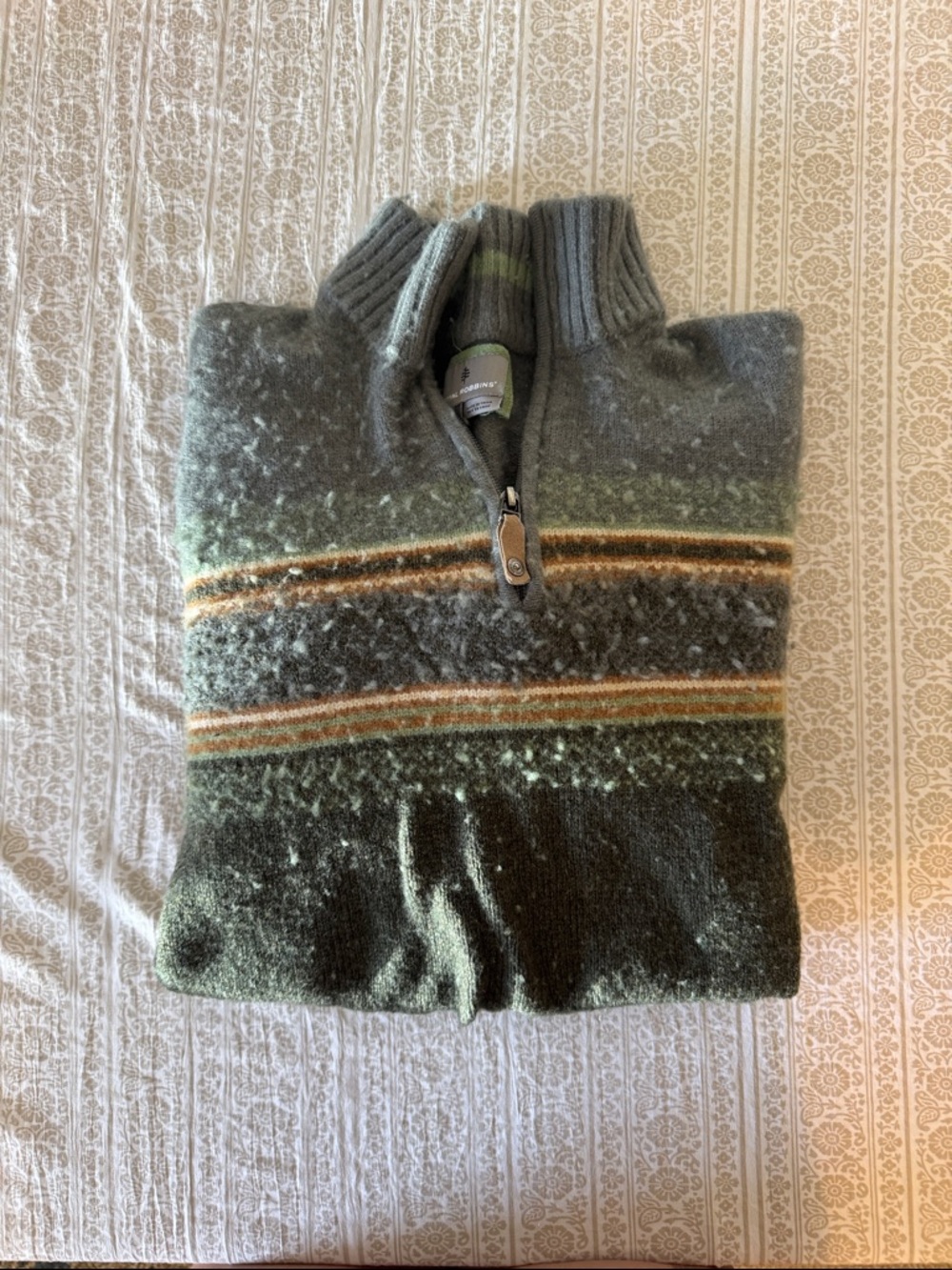 Royal Robbins Olive and Brown Striped Half-Zip Sweater